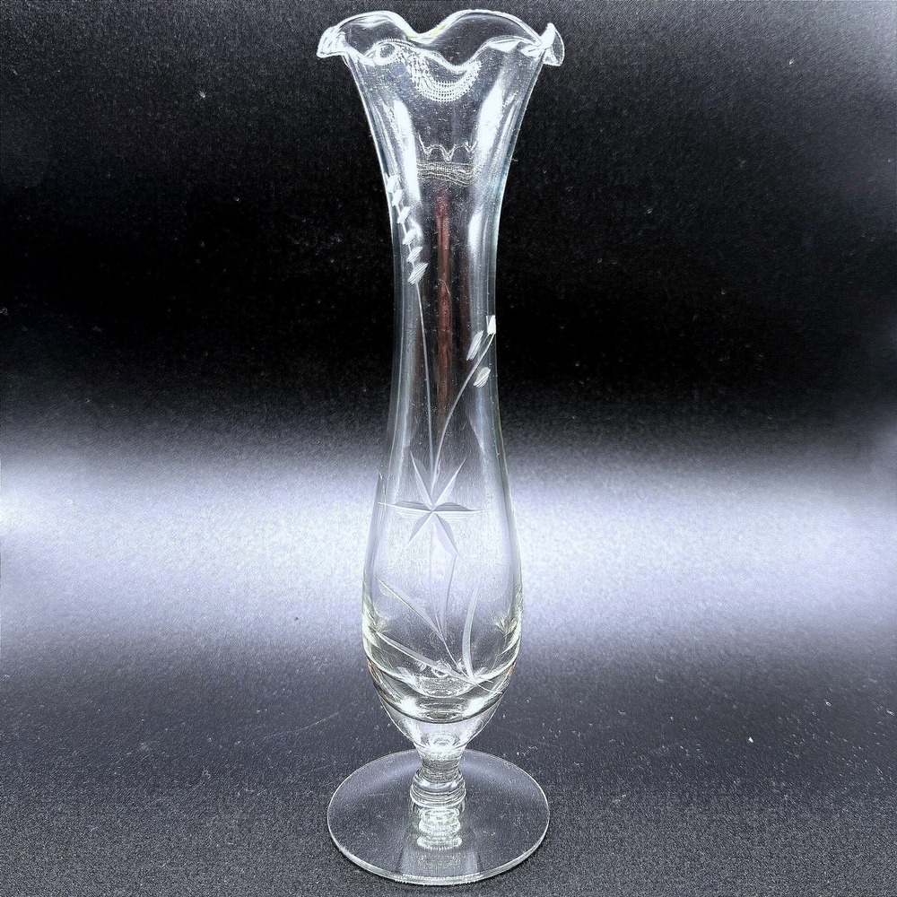 Vintage Etched Crystal Bud Vase Ruffled Rim Pedestal Foot Floral Starburst